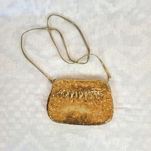 Whiting and Davis vintage shimmer gold small purse clutch with strap fancy party - Picture 3 of 13